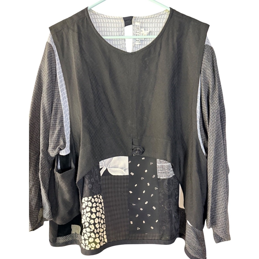 Donna Jessica Patchwork Top 2 Black Grey Art to Wear Rayon Blend